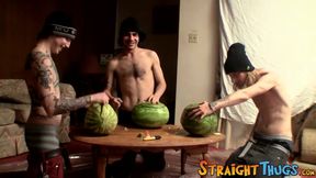 Three straight deviants fuck watermelons and prepare to cum