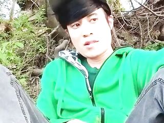 Risky masturbation outdoors a dude's voice caught this cute homo twink with his balls hanging out, wanking his uncut foreskin, his booty aperture naked