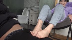 Mature woman teases and rubs her cock with her beautiful feet, footjob