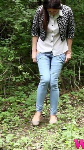 Desperate Girl Full Bladder Pee in the Forest and Empty Herself on the Ground