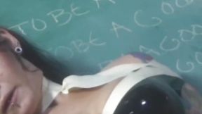 Latex sub gets spanked and dildo fucked by domina in detention