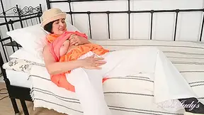 Minia Rubs Her Hairy Gilf Pussy In Orange Dress & Black Stockings