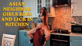 Asian Neighbor Girls Kiss and Lick in Kitchen