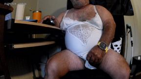 Mark Fletcher wearing white lingerie