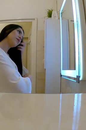 Big Ass Big Tits Hot Brunette Girlfriend in the Bathroom shows her Thick Thighs and Bare Booty with Shaved Pussy