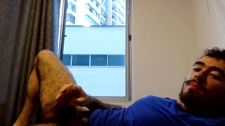 Hairy Brazilian bear with big dick fucks hard & gets a cumshot on his gym shorts