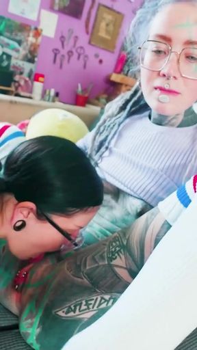 Two Goth Girls with Glasses Threesome ANAL POV - Bj, ATM, ATOGM   Clip 1
