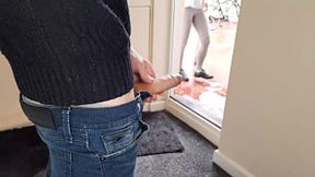 Neighborhood voyeur gets lucky, joins in and cums together, satisfying both