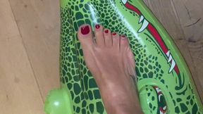 Walking on the croc to show him who's the boss