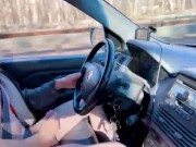 Flashing and stroking a big cock on the highway