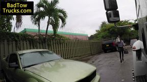 Busty amateur babe gives bj for towed car