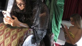 Halloween sluts in festival costumes give a big dick guy a sloppy handjob with balls massage and cock teasing