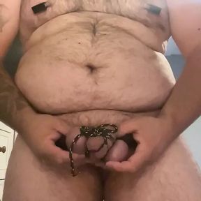 Hidden crossdresser walks with cock and ball bondage, plugged and nipple clamps with cumshot ending