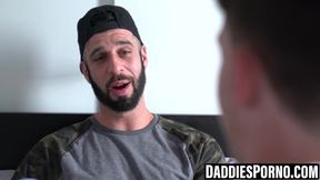 Tatted stepdad tongues twink's hole then breeds him raw