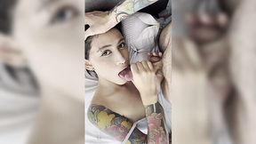 Adorable young babe with tattoos gives an awesome head to her horny neighbour in the morning