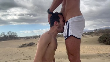 Dom master fucks and uses submissive slut on public beach and pisses inside his ass