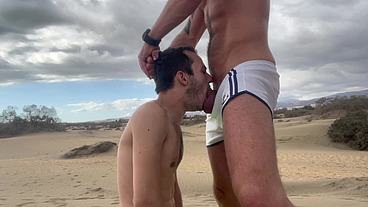 Dom master fucks and uses submissive slut on public beach and pisses inside his ass