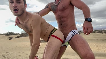 Dom master fucks and uses submissive slut on public beach and pisses inside his ass