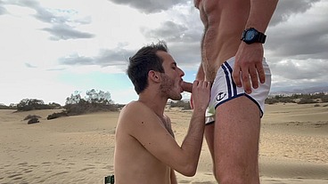 Dom master fucks and uses submissive slut on public beach and pisses inside his ass
