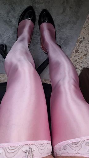 New pink bright stockings, rubbing, high heels   Clip 1