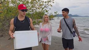 Three-way beach debauchery with stepsiblings Danner, Tatiana, and Max, raw and uncut