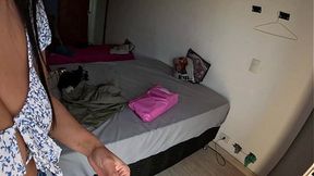 Latina young woman with big booty talks anal while displaying off her wet pussy and big tits
