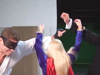 Superheroine got caught by dudes who just crave to have some enjoyment with her large melons