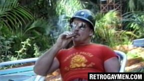 Three cocksucking homos barebacked by retro muscle hunks