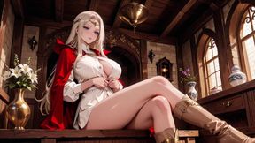 Languid Reading in a Gothic Library, White Robe and Red Cape, Hand Resting Gracefully with Half-closed Eyes.