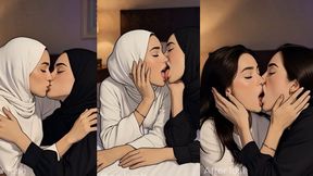 Lesbian Hijab Kiss In Bed Romantic Intimate Scene