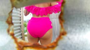 Woman Filmed in Outdoor Booth(BY CAMERA LENS)