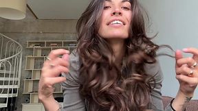Long haired brunette jerks off cuck in her mouth after doggy style sex