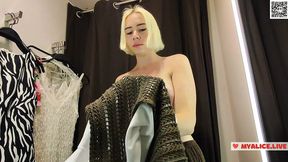 Sensual Try-On Session at Mall, Transparent Clothes on Display
