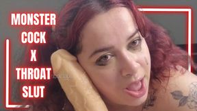 Cute brown eyed latina in pigtails struggles trying to deep throat a massive dildo - 12 inches long and 4 inches girth