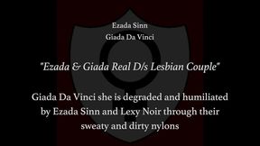 Giada Da Vinci is degraded and humiliated by Ezada Sinn and Lexy Noir through sweaty and dirty nylons, she must lick and fuck the sweaty nylon