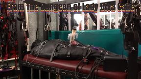 Venus 2000 Milking in Motorcycle Leather Bondage Sack from the Dungeon of Canadian Mistress Lady Diva Cane.