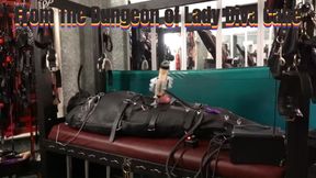 Venus 2000 Milking in Motorcycle Leather Bondage Sack from the Dungeon of Canadian Mistress Lady Diva Cane.