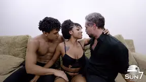 Three beauties share one lucky boy in a hot DP threesome