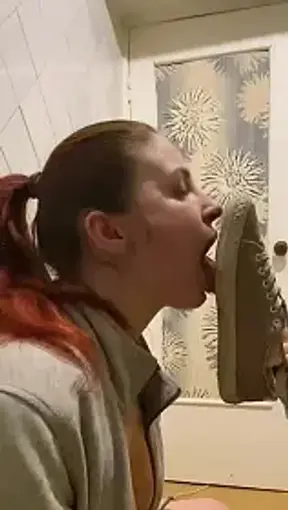 licking shoe sole on fuck machine