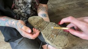 Slave's eating lot of countryside disguting mud from My shoe soles mixed with My spits and cig ash