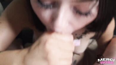 Petite cumslut deepthroats huge cock while drinking cum in mouth