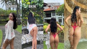 Outdoor tease in bikini, wet body in the waterfall