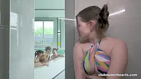 Alice Xo, Mia Murkovski And Olivia Trunk In Group Sex In A Sauna With Five Skinny Sluts With Shaved Cunts