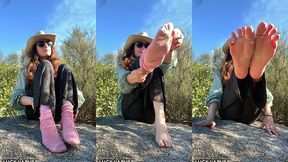 pink frilly socks and bare soles behind the scenes!