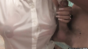 Making the bimbo rub his cum on her tits