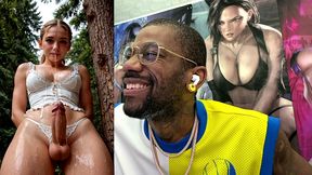 dirty blonde transgender girl cumming all over her face, ai generated
