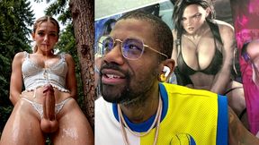 dirty blonde transgender girl cumming all over her face, ai generated