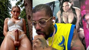 dirty blonde transgender girl cumming all over her face, ai generated