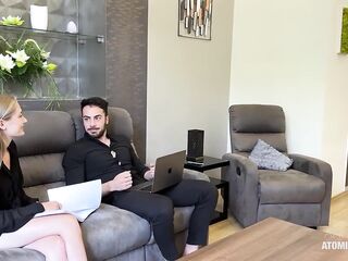 I spy my boyfriend screwing his excited coworker. Mi joins and licks the cum off her snatch