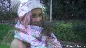 Cute babe rides old mans dick cowgirl style by the campfire